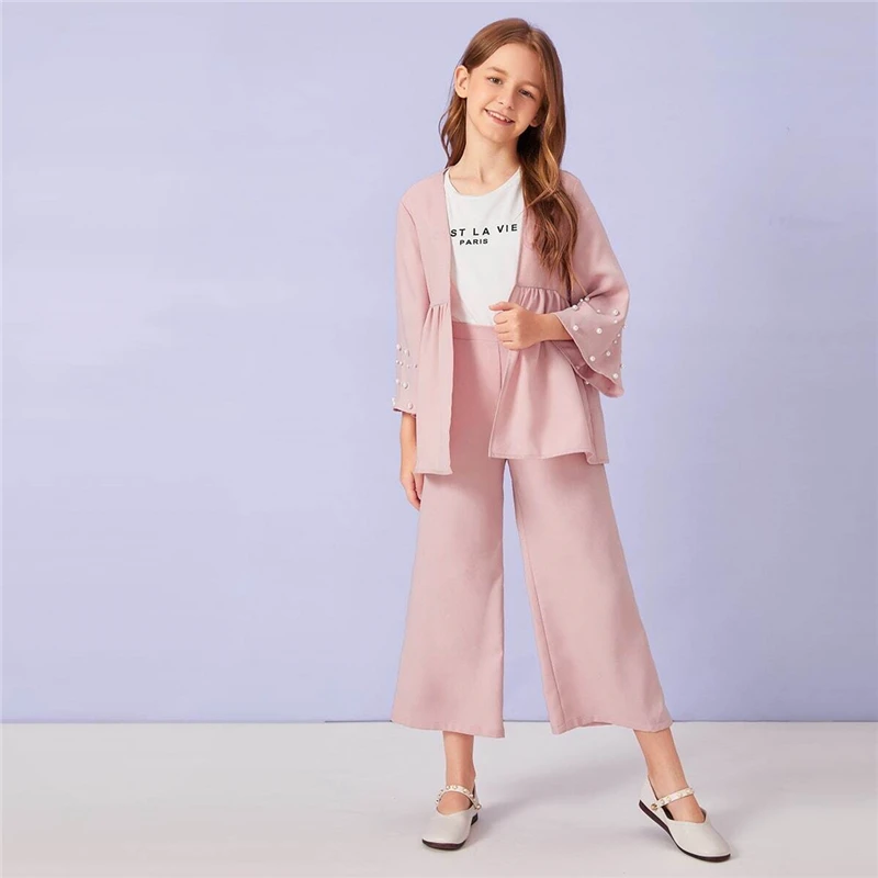 SHEIN Kiddie/розовое пальто с манжетами и широкими штанинами для девочек, комплект детской одежды г., Осенний повседневный костюм с длинными рукавами и оборками