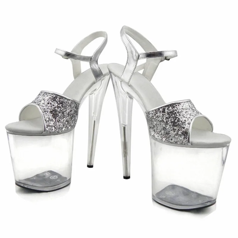 

Gorgeous gold/silver glitter high heels 8 inch white flowers wedding shoes clear platform Crystal shoes 20cm party dress sandals