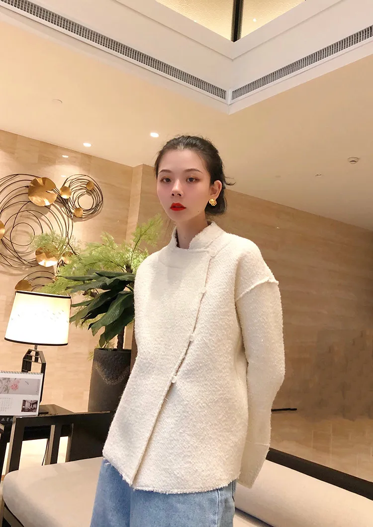 Зимняя Новая мода ретро китайская пуговица шерсть белая шерсть короткое пальто размера плюс шерстяное пальто женские пальто Зимняя женская одежда