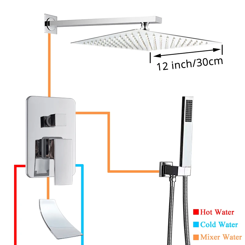 Uythner смеситель для ванны душ дождевая душевая головка Хромированная Душевая система Водопад ванна кран смеситель для душа Смесители настенный - Цвет: 12 inch Shower Set