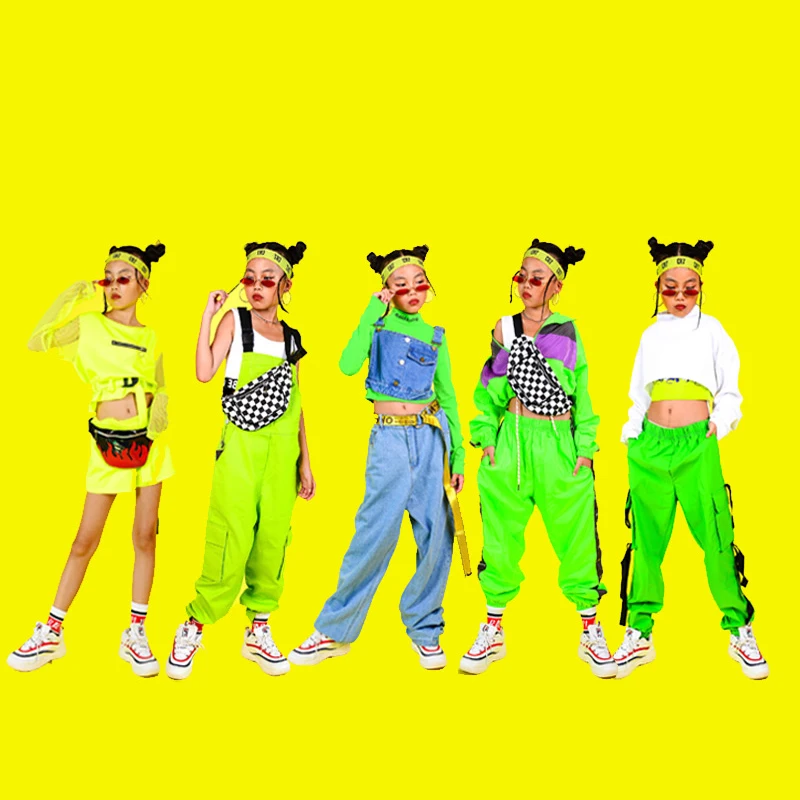 Костюмы для джазовых танцев; Новая одежда в стиле хип-хоп; Детская уличная одежда флуоресцентной серии для девочек; костюм черлидеров; DQS2690