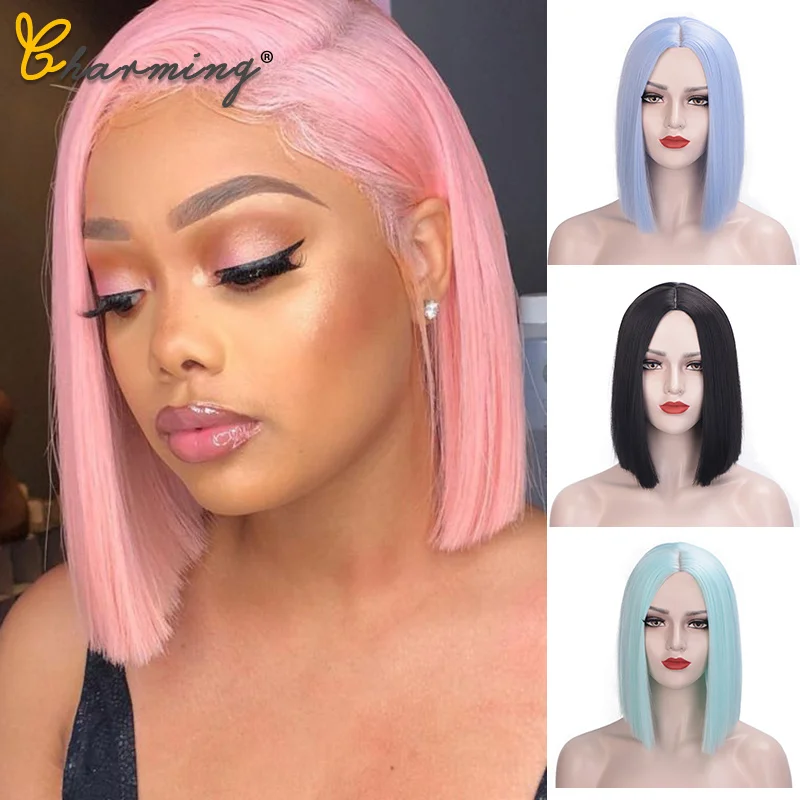 

CHARMING Traight Black/Pink Synthetic Wigs For Women Medium Length Hair Bob Wig Heat Resistant bobo Hairstyle Cosplay wigs