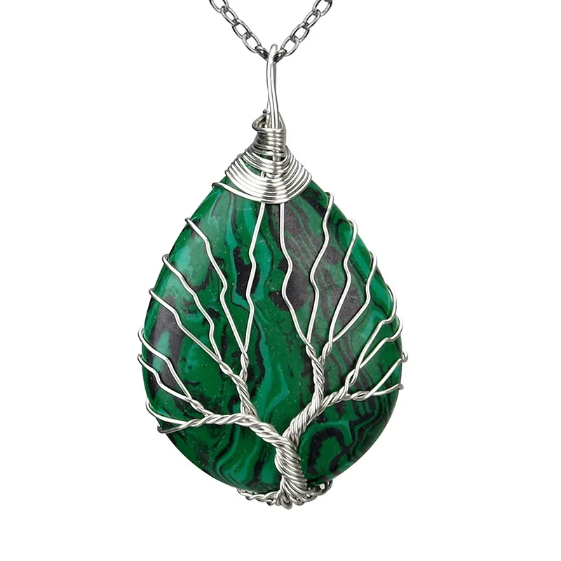 Malachite-B Серебряный цвет Дерево жизни Ожерелье Подвеска проволока обертывание натуральный драгоценный камень розовый с кварцевым тигровым глазом зеленый авантюрин подвеска ювелирные изделия - Окраска металла: Malachite-B