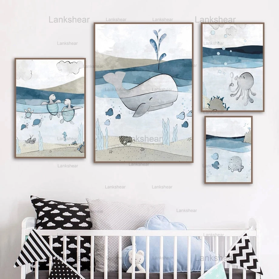

Cartoon Canvas Painting Blue Sea Whale Turtle Octopus Wall Art Nordic Posters and Prints Wall Pictures Girl Boy Kids Room Decor