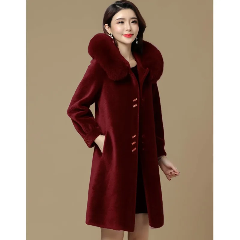 Wine red UHYTGF 4XL размера плюс пальто женское роскошное лисий мех с капюшоном зимняя меховая куртка качественная овечья стрижка Повседневная теплая меховая верхняя одежда 508 - Цвет: Wine red