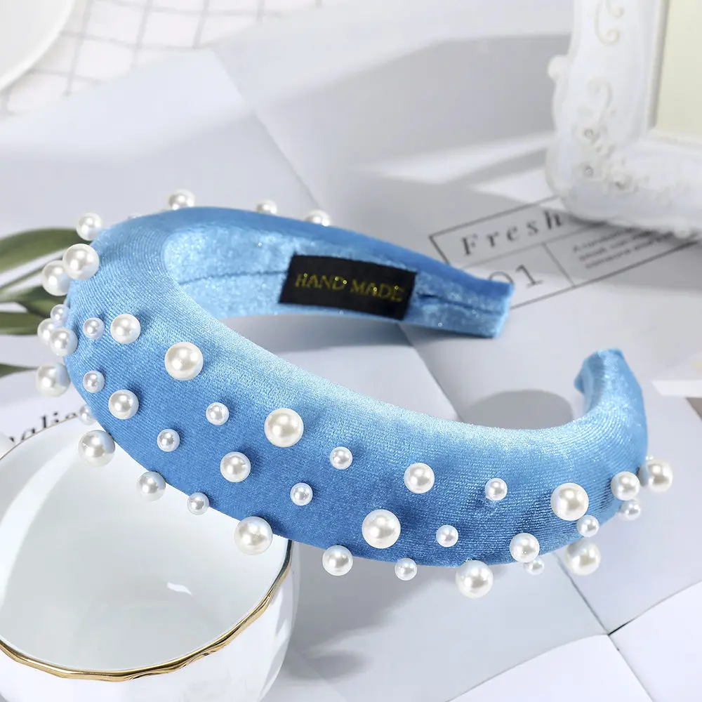 G SKY BLUE AWAYTR, модная богемная бархатная Женская головная повязка, Женские аксессуары для волос, модный головной убор, жемчужная свадебная тиара, повязка на голову - Цвет: G SKY BLUE