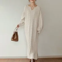 Пуловер вязаный свитер платье женское элегантное осеннее с длинным рукавом однотонное бежевое толстое длинное платье корейское Повседневное платье минималистичное