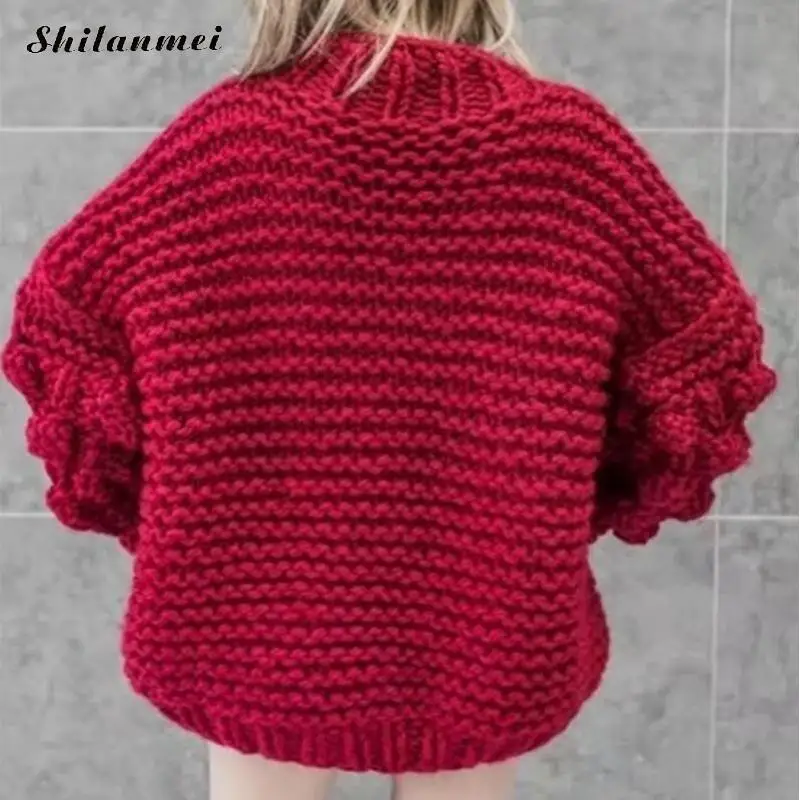 Winter Pullover Sweater Warm Oversized Thick Pullover Loose Knitted Women Casual Sweater Puff Sleeve Pompom Knitwear Sweaters