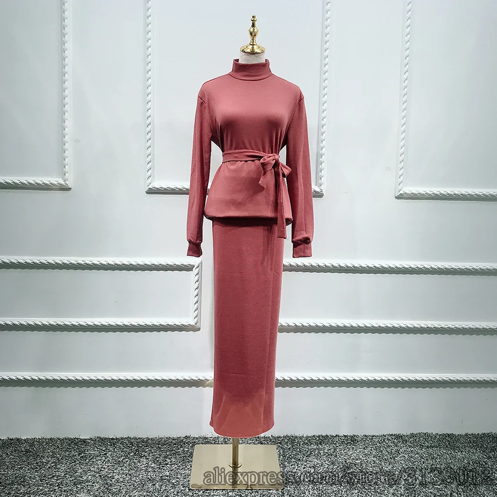 Dark pink set Вязаное турецкое мусульманское платье-хиджаб абайя, топы, юбки, комплект, кафтан марокаин, кафтан, Дубай, ислам, одежда для женщин, Vetment Femme, хиджаб - Цвет: Dark pink set
