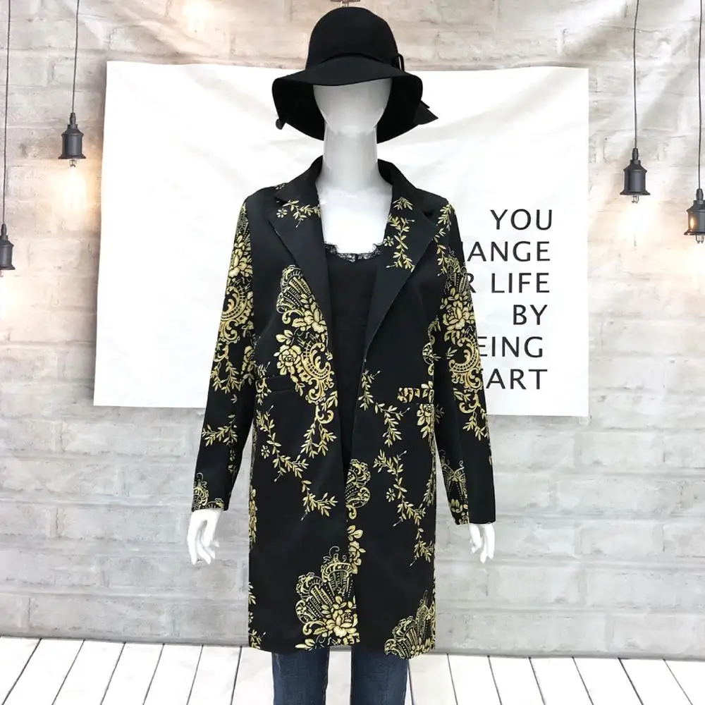 Black Cashmere Woolen Women Coat Winter Fashion Vintage Floral Print Stand Long Coat Cappotto Lana Donna Manteau Mouton Femme - Color: Black
