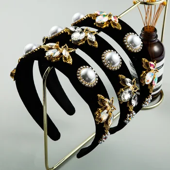 

Gold Velvet Bees Flower Pearl Hair Bands Women's Simple Versatile Large Rims Man-made Diamond Luxury Europe and America Hot Sale