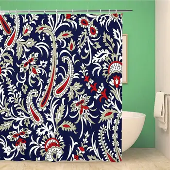 

Bathroom Shower Curtain Flower Paisley Pattern Asian Ethnic Seamless Blue Floral Red Vintage Polyester Fabric 72x78 inches