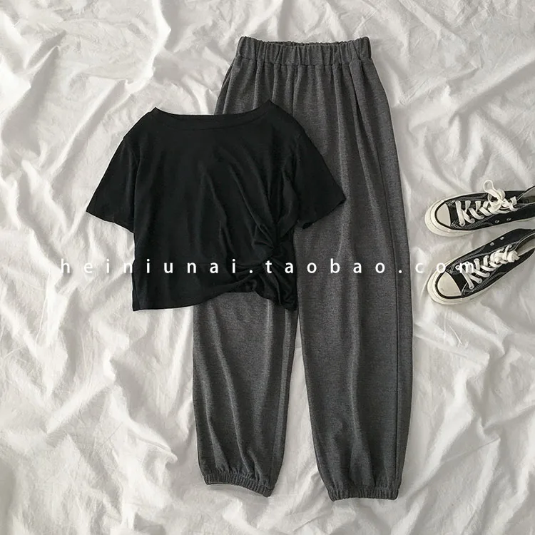 Casual Long Pant Set Women Short Sleeve T-shirt + Elastic High Waist Harem Pant Trouser Matching Set