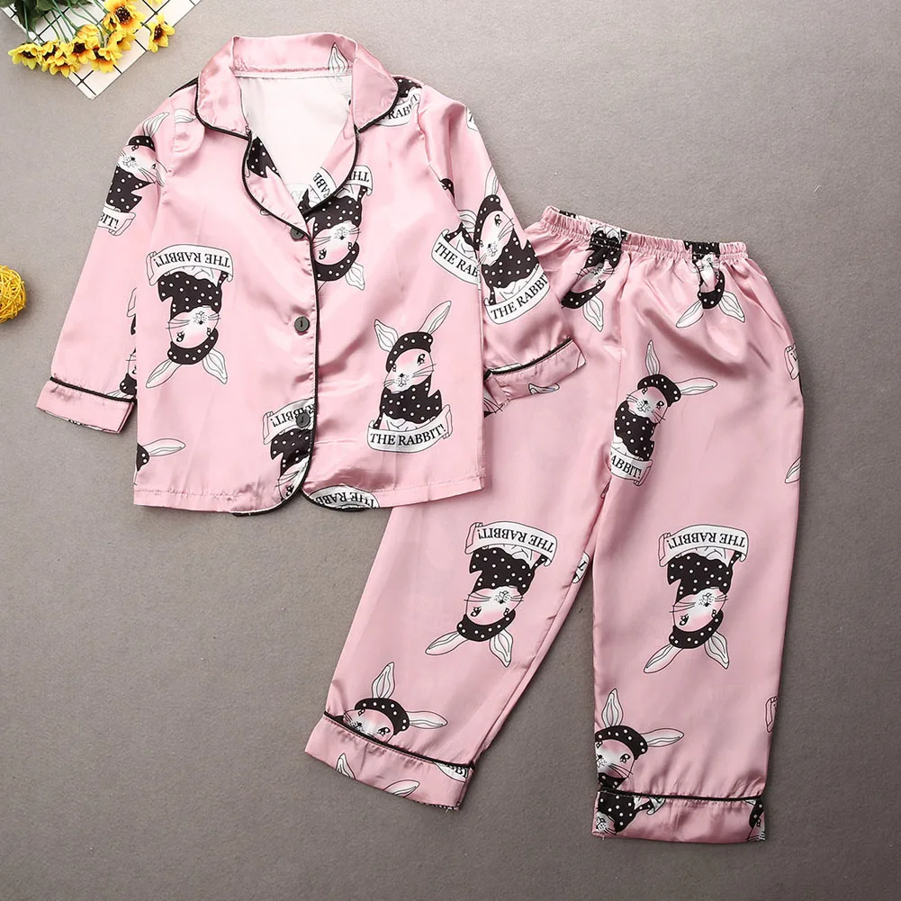 Pudcoco/атласная Шелковая пижама для детей; топы с длинными рукавами для маленьких девочек и мальчиков; Милая одежда для сна с принтом животных из мультфильмов; осенняя одежда для сна