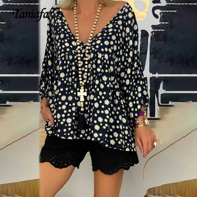 

Taniafa New Fashion Women V Neck Seven Point Sleeeve Shirts Casual Floral Print Loose Blouse Tops Plus Size