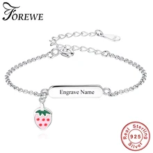 Розовый эмалированный браслет с клубникой, на заказ, с надписью, 925 пробы, серебряные браслеты на цепочке для девочек, детские модные ювелирные изделия, браслеты