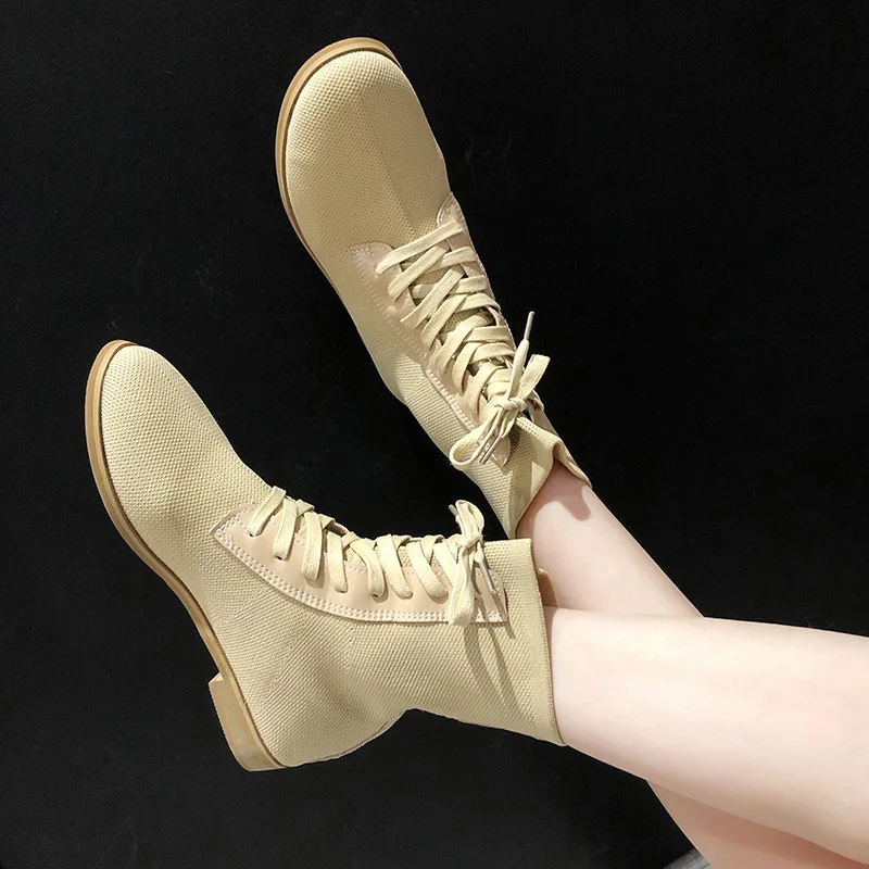 

2019 autumn new Martin boots women fashion simple solid color knitted elastic fabric comfortable breathable casual boots