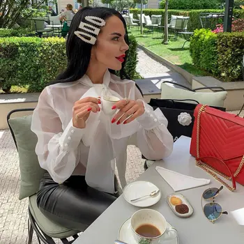 

Foridol Organza transparent tie bow blouse shirt Women puff sleeve streetwear vintage autumn Female blouse white top see through