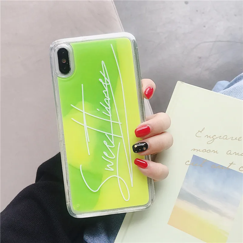 B Ночной светящийся жидкий ТПУ с песчаным декором+ PC чехол для телефона iphone XR X XS Max 6 6S 7 8 Plus милый защитный чехол с буквами - Цвет: B