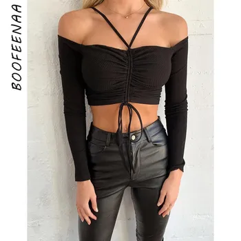 

BOOFEENAA Sexy Black Long Sleeve T Shirt Spring 2020 Fashion Clothes Rib Knit Off The Shoulder Crop Tops for Women C94-I72