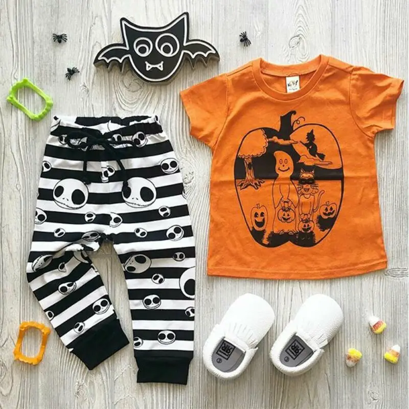 2019 Brand Newborn Baby Boy Girl Halloween Pumpkin Top T-shirt Stripe Pants Clothes Sets Casual Costume Outfits