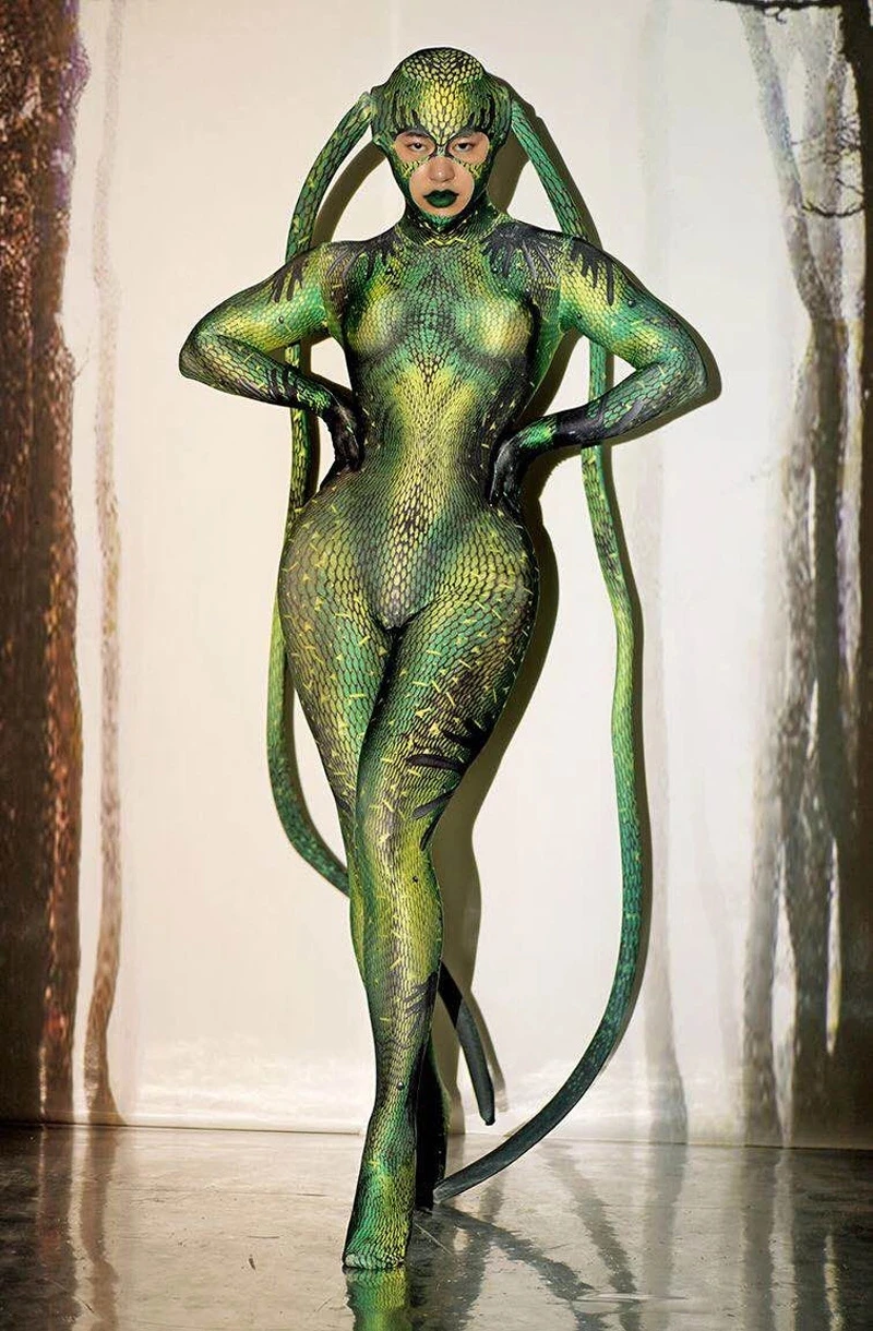 Halloween Rave Party Role-playing Stage Clothes Green bodysuit snake Spandex Stretch Skinny Jumpsuit Men Women Cosplay Costume