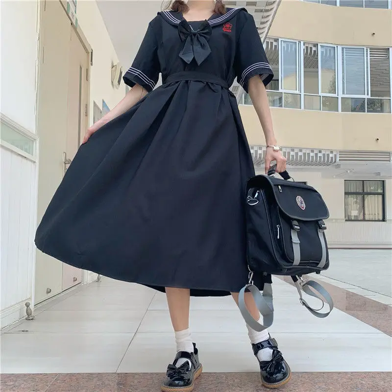 Harajuku Sailor Collar Navy Dress Japanese Lolita Sweet Bow-knot Girl Retro Cotton Kawaii Preppy Style Short Sleeve Dress Women