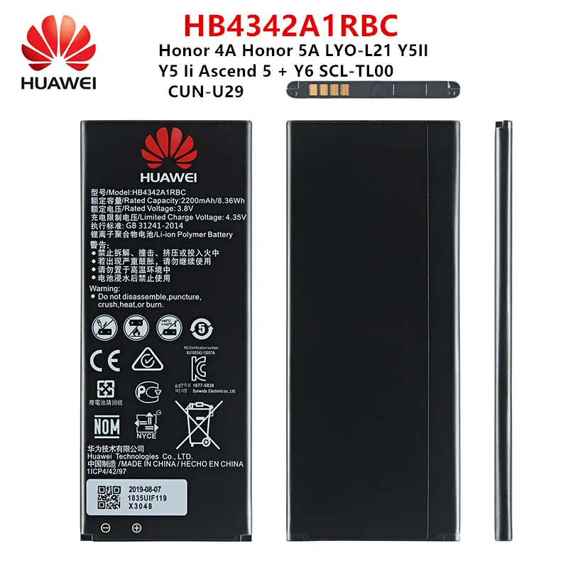 

Hua Wei 100% Orginal HB4342A1RBC 2200mAh Battery For Huawei Honor 4A Honor 5A LYO-L21 Y5II Y5 Ii Ascend 5 + Y6 SCL-TL00 CUN-U29