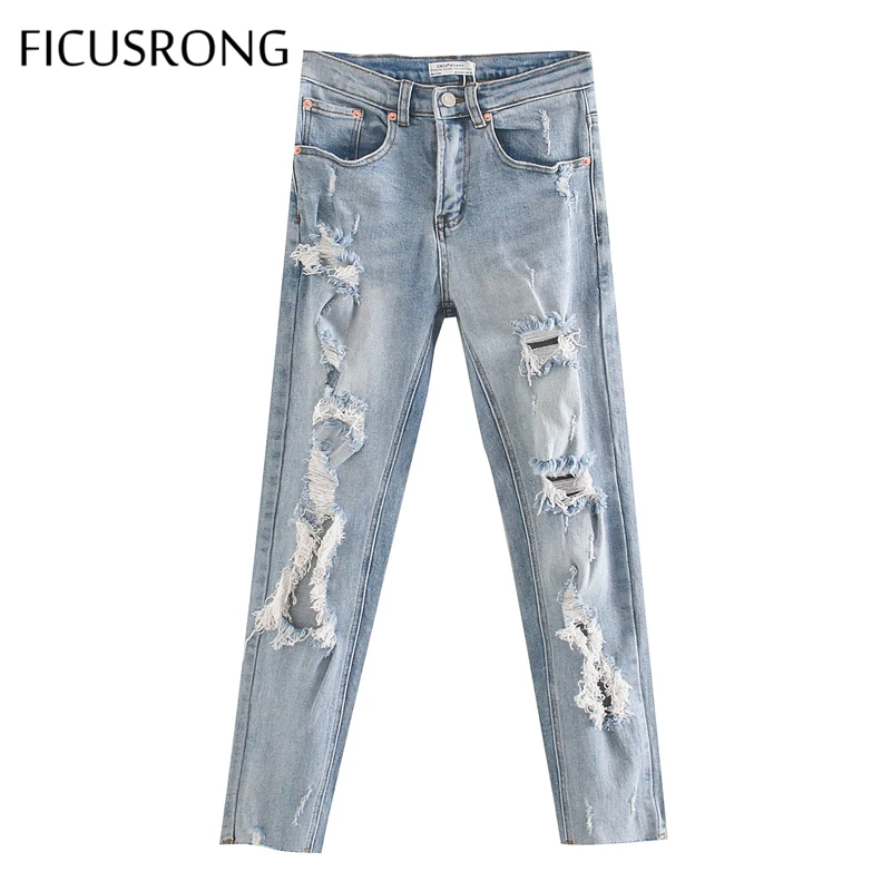 

2020 Summer New Women Fashion Slim Straight Hole Stretch Jeans Lady Mid-Waist Punk Cool Denim Pants Pocket Trousers FICUSRONG