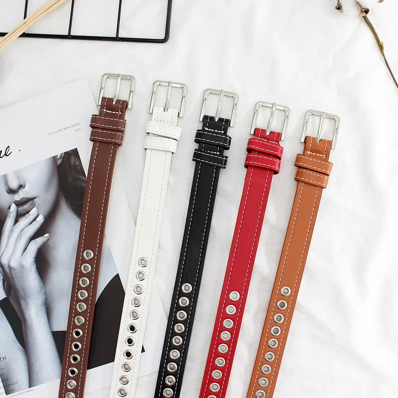 Hot Off White Belt Metal Pin Buckle Pu Hollow High Quality Fashion Individual Jeans Decorative Punk Belts for Women Black Red