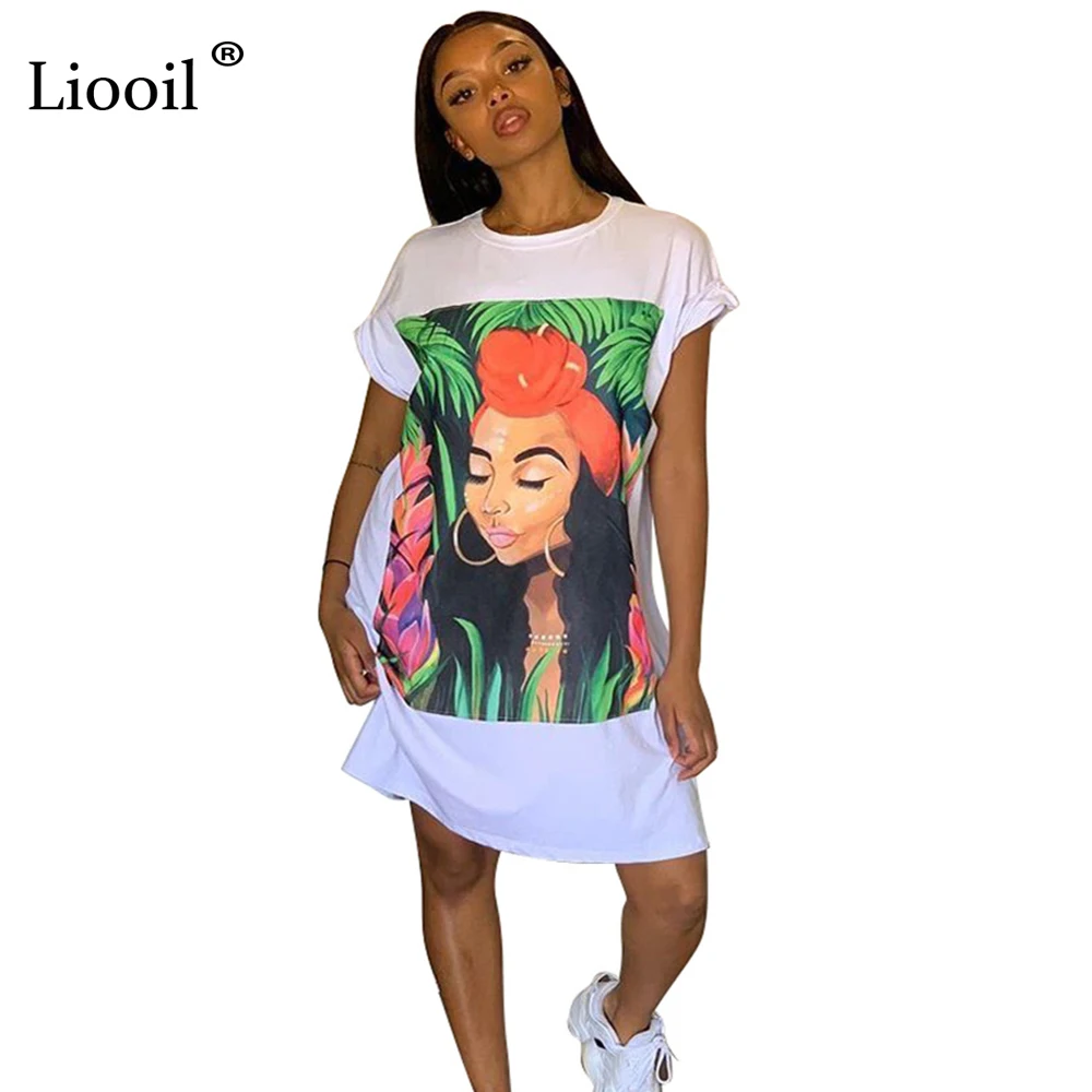 

Liooil Black White Head Print Loose Sexy T Shirt Mini Dress Women Club Wear Outfits 2019 Short Sleeve O Neck Party Short Dresses