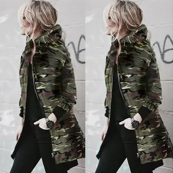 

Women Overcoat Hooded Long Sleeve Coat Jacket Windbreaker Camouflage Outwear