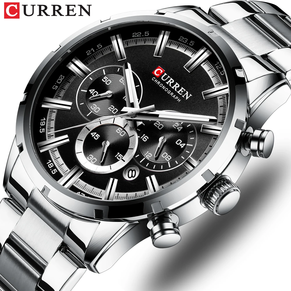 

CURREN Luxury Fashion Quartz Watches Classic Silver and black Clock Male Watch Men's Wristwatch with Calendar Chronograph