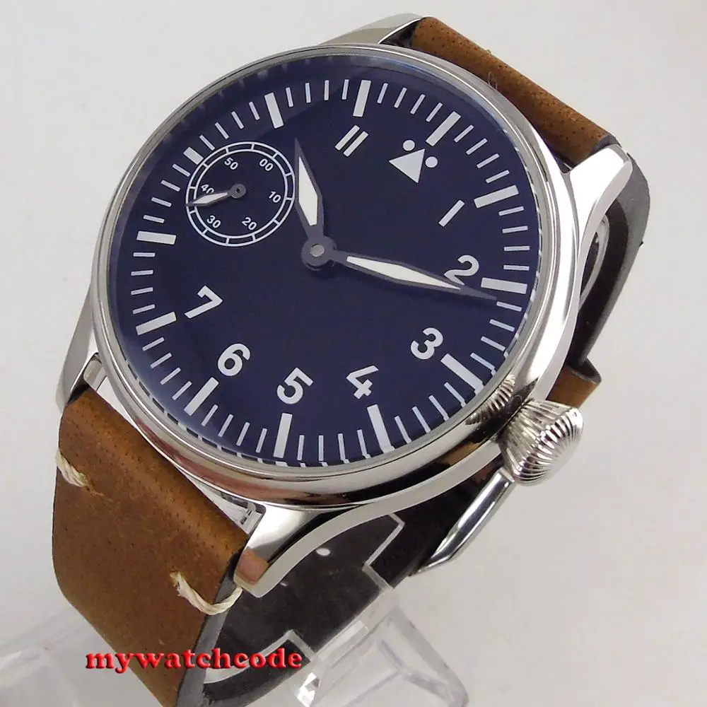 

44mm Corgeut sterile black dial luminous marks 6497 hand winding movement Mechanical mens watch relogio masculino