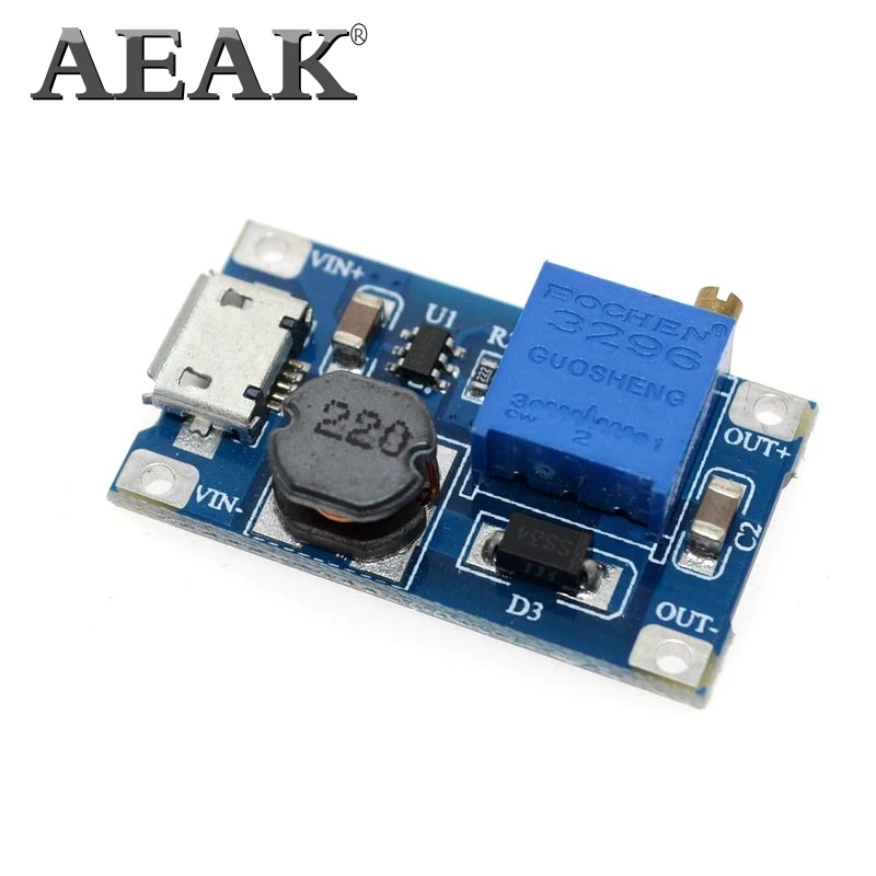 AEAK MT3608 DC регулируемый Повышающий Модуль 2А с MICRO USB 2в 24в до 5В 9В 12В 28В LM2577|step up|5v to