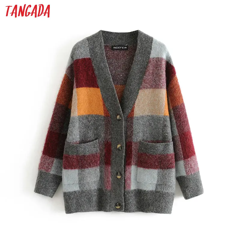 

Tangada women elegant oversized plaid pattern cardigan vintage jumper lady fashion spring knitted cardigan coat 3H437