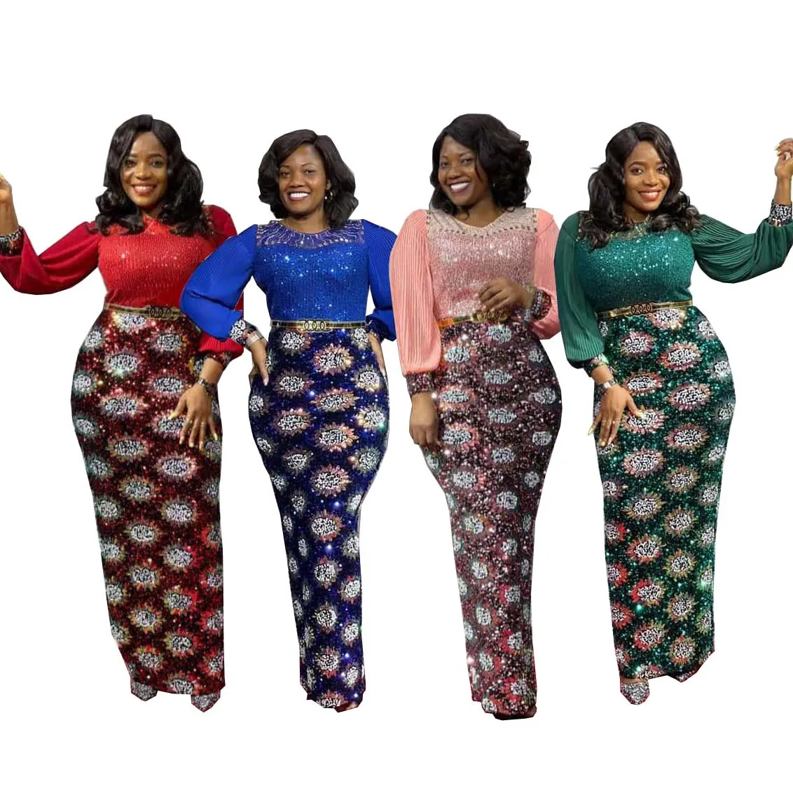

Christmas Dress Sequined African Dresses Women Spring Autumn African Women Long Sleeve O-neck Polyester Long Dress Maxi Dress