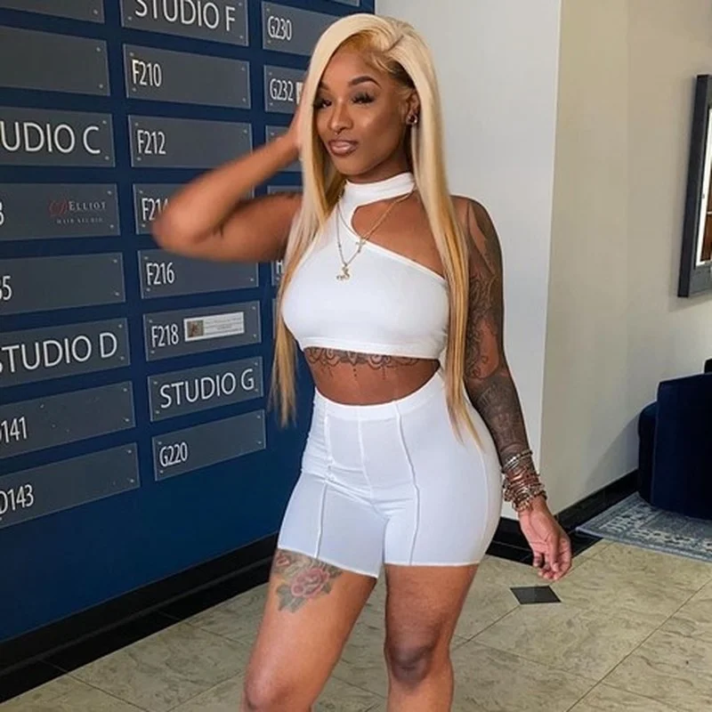 

Sportswear Summer Bodycon Matching Sets Hollow Out Crop Top and Biker Short Set Fitness Casual Short 2 Piece Sets Womens Outfits