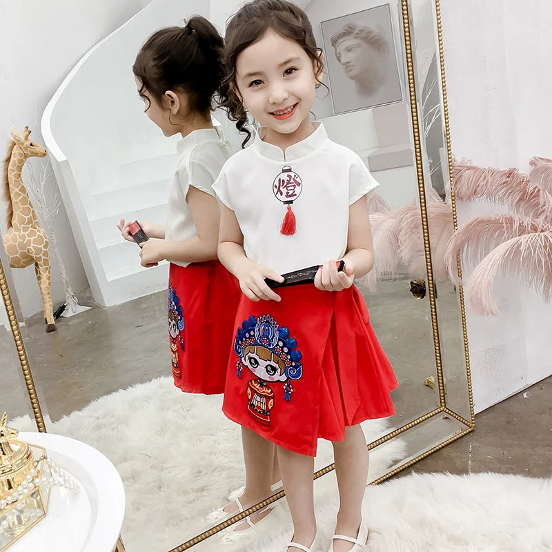 Костюм для девочек в китайском стиле 2 шт. модный ретро костюм с юбкой легкое