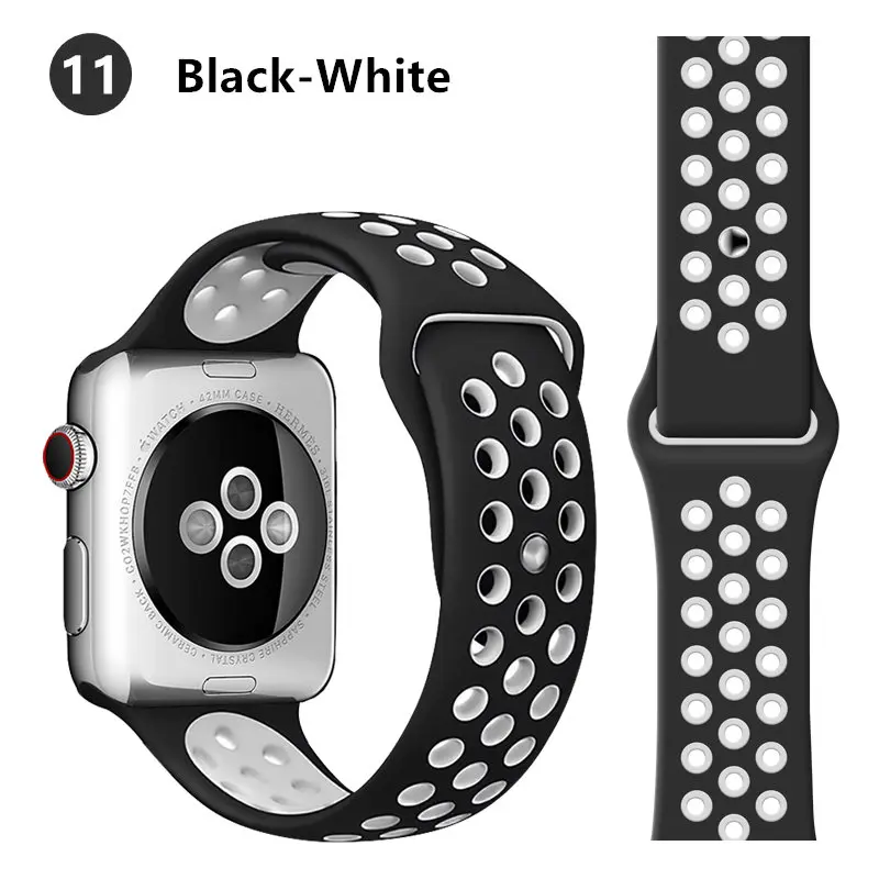 black-white Спортивный ремешок для apple watch, ремешок 44 мм, 40 мм, iWatch, ремешок 42 мм, 38 мм, силиконовый ремешок для наручных часов, браслет для apple watch 5, 4, 3, 2, 1, 44, 42 мм - Цвет ремешка: black-white