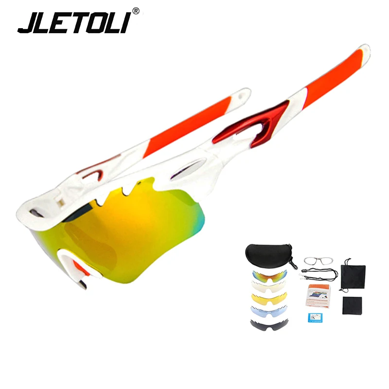 JLETOLI, спортивные велосипедные очки, поляризационные, мужские, UV400, для шоссейного велосипеда, солнцезащитные очки, для велосипеда, очки Mtb, 1 рамка, 5 линз - Цвет: white red