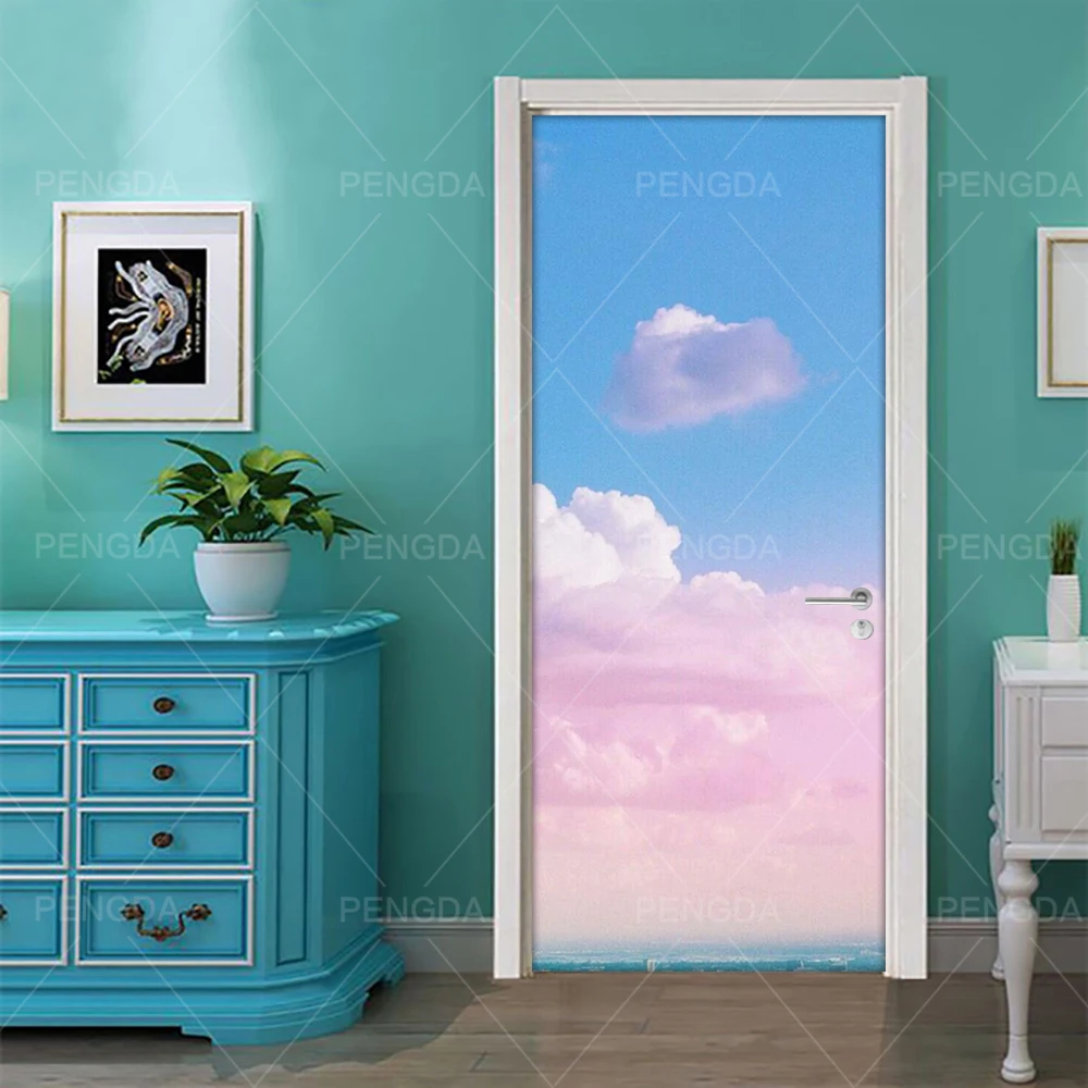 Self Adhesive Bedroom Door Sticker Sky Cloud Pink Scenery DIY Renovation Mural Waterproof 3D Print Picture Home Decor PVC Poster