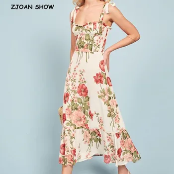 

2020 French Summer Flower Print Tie Bow Spaghetti Strap Long Dress Retro Women Wood ear V neck Ruched Back Sling Tea Dresses