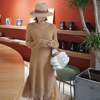 

Australia Wool Knitting Mesh Splicing Dress Medium Length Money Women's Wear Backing Sweater