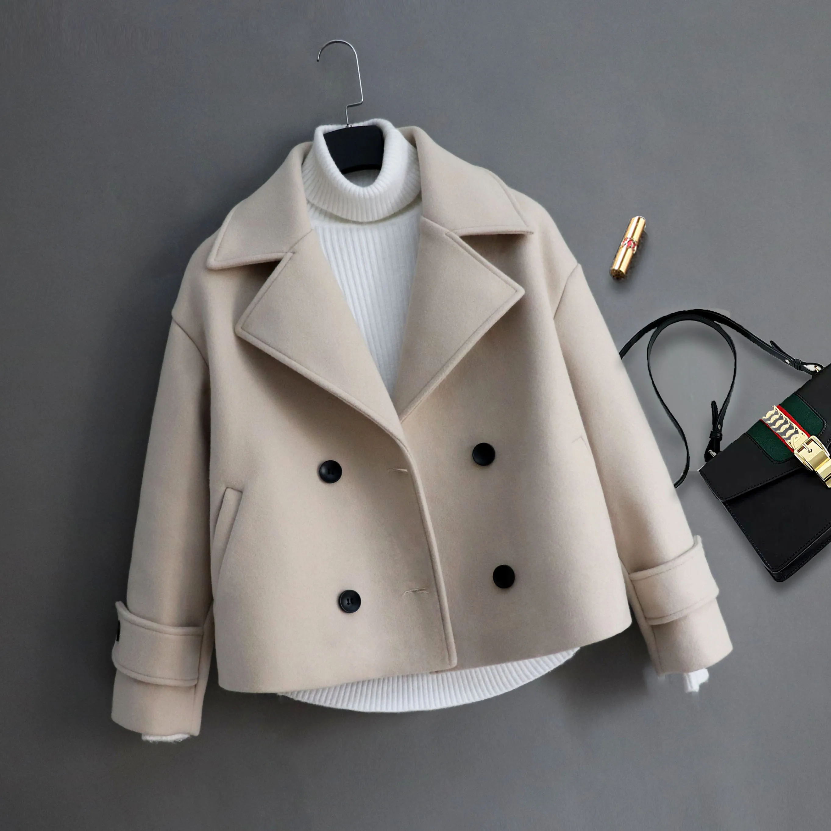 beige Осенне-зимнее модное Короткое шерстяное пальто женское двубортное свободное шерстяное пальто - Цвет: beige