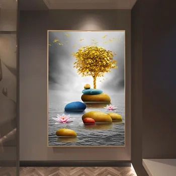 

Modern Golden Luxury Art Golden Stone and Golden Tree Landscape Painting Wall Art Pictures for Living Room Home Decor (No Frame)