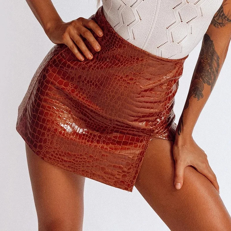 Опрятная юбка из искусственной кожи змеи с высокой талией, женская сексуальная однотонная облегающая юбка с разрезом по бокам, вечерние прямые мини-юбки в уличном стиле