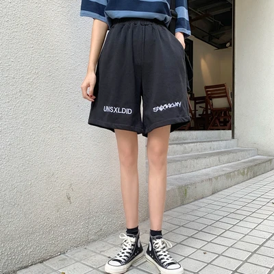 Женские шорты в Корейском стиле, в стиле панк, Harajuku, Ulzzang, с высокой талией, свободные, широкие, женские шорты, милые, Япония, Kawaii, на пуговицах для женщин - Цвет: Черный