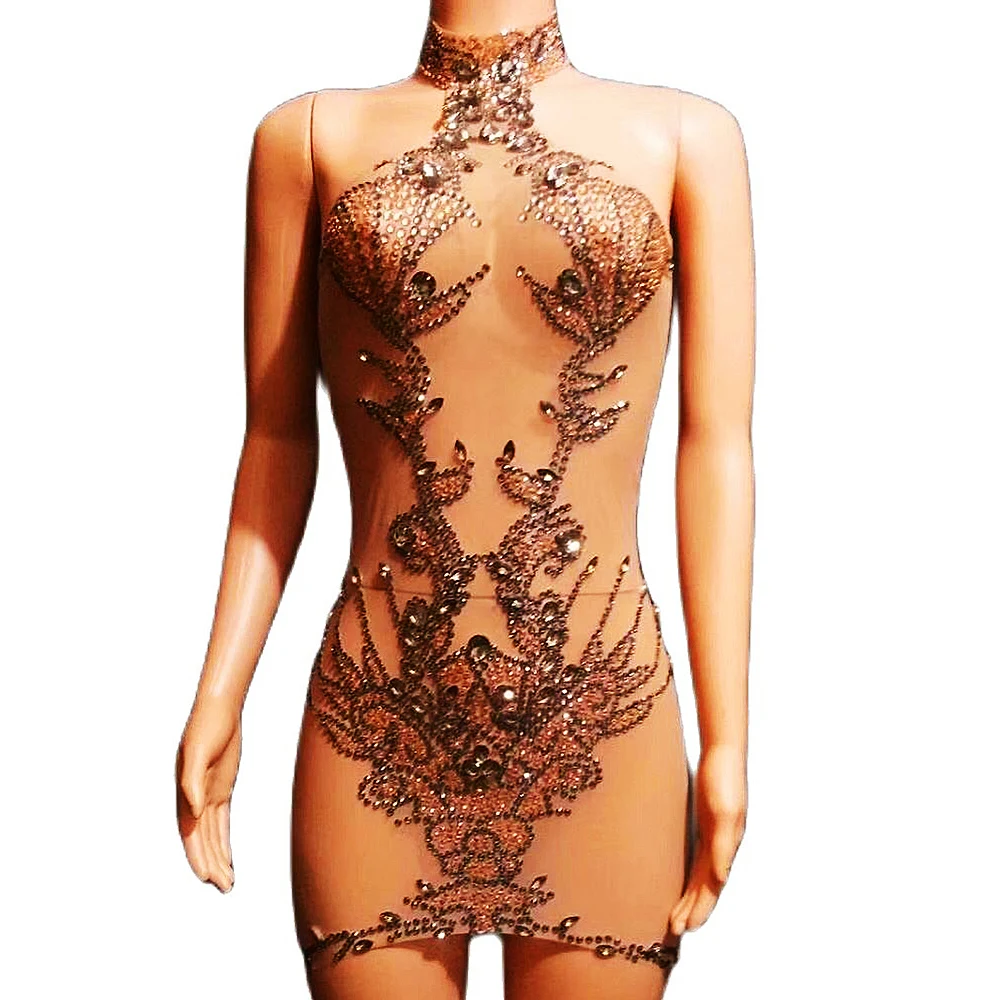 

Party Sexy Evening Costume Sparkling Rhinestones Pattern Printing Neck-Mounted Dresses Mesh Gauze Backless Above Knee Dress