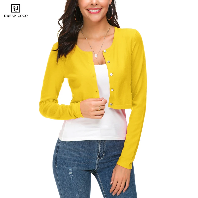 Urban CoCo Женский Повседневный Укороченный кардиган на пуговицах с круглым вырезом, вязаный женский свитер с длинным рукавом - Цвет: Lemon Yellow